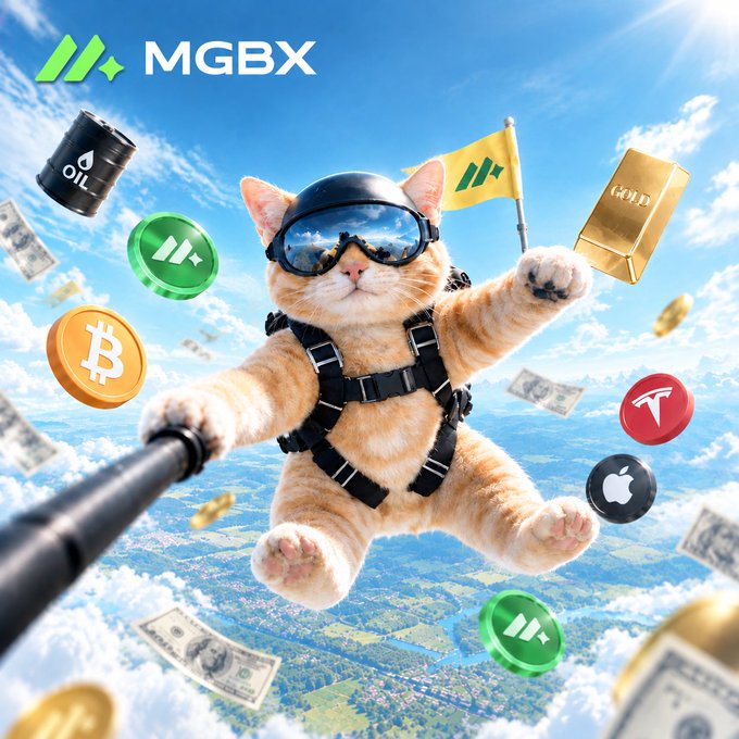 A promotional image with the logo 'MGBX' featuring a cat in goggles and a harness skydiving, surrounded by floating icons including 'OIL', a gold bar labeled 'GOLD', Bitcoin, Tesla, and Apple logos, with dollar bills and a landscape below.