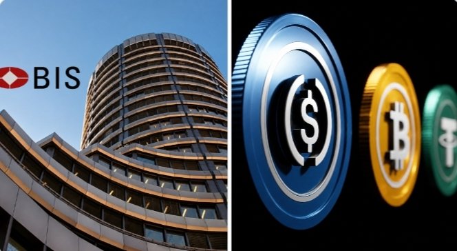 The image is split into two sections: the left side shows the BIS (Bank for International Settlements) building with its logo, while the right side displays cryptocurrency coins including a USDC-style stablecoin and Bitcoin. This visually reinforces the post's message about the BIS opposing stablecoins as a credible payment method and instead favoring tokenized bank deposits.