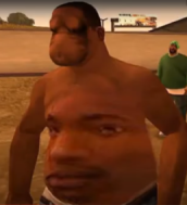 A low-resolution screenshot from a video game showing two stylized characters standing on sandy terrain with buildings visible in the background.