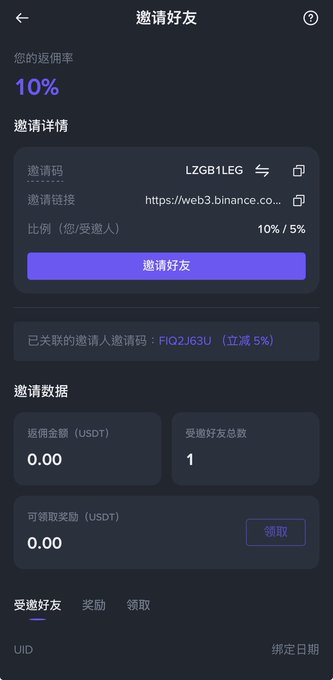 A mobile app screen showing a Binance referral invitation page in Chinese with '10%' return rate, invite code 'LZGB1LEG', and zero USDT earnings.