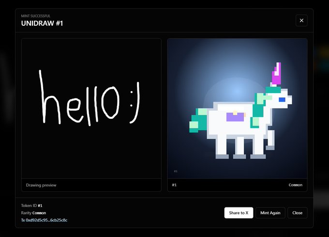 The image shows a computer screen displaying two different drawings of unicorns. One of them has a green horn and a purple tail, while the other one features a white body with a blue horn. The text "Hello" is written above both drawings in black letters. The background of the image is dark gray, making it stand out against the white unicorn drawing. The post also mentions that the drawings are related to an NFT (Non-Fungible token) and encourages users to share their drawings with others by clicking on a button labeled "Share X Again".
