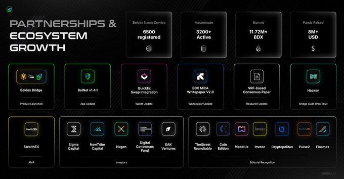 Infographic titled 'PARTNERSHIPS & ECOSYSTEM GROWTH' for Beldex showing statistics including 6500 Beldex Name Service registrations, 3200+ Masternodes, 11.72M+ BDX burned, and 8M+ USD funds raised, alongside various partnerships like Beldex Bridge, BeltNet v1.4.1, QuickEx, BDX MCA Whitepaper, Hacken, and investors including Sigma Capital and Nexgen.