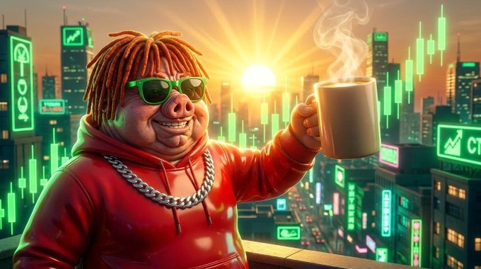 A cartoon pig character wearing green sunglasses, a red hoodie, and a silver chain holds up a steaming coffee mug against a vibrant sunrise cityscape backdrop filled with glowing green candlestick charts and stock tickers like "$ROBINHOG." The image visually captures the "GM" (good morning) energy and bullish market sentiment described in the post, symbolizing a fresh start with the $ROBINHOG ticker amid rising charts.