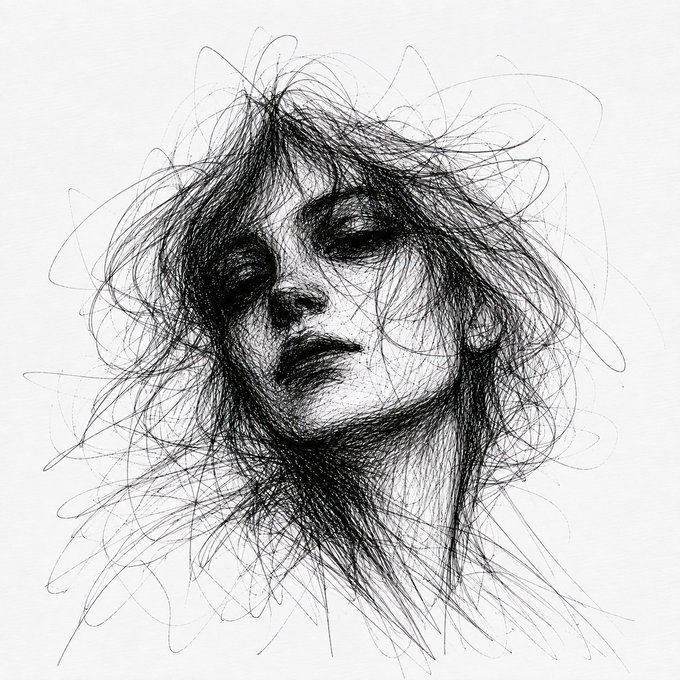 A black-and-white sketch of a person's face with closed eyes and tangled, messy hair, rendered with chaotic, scribbled lines on a white background.