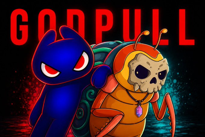 The image displays stylized artwork of two characters—a blue creature with red eyes and an orange insect-like creature with a skull face and purple crystal pendant—against a dark background featuring the bold red text "GODPULL," promoting TheGodPull NFT collection mentioned in the post.