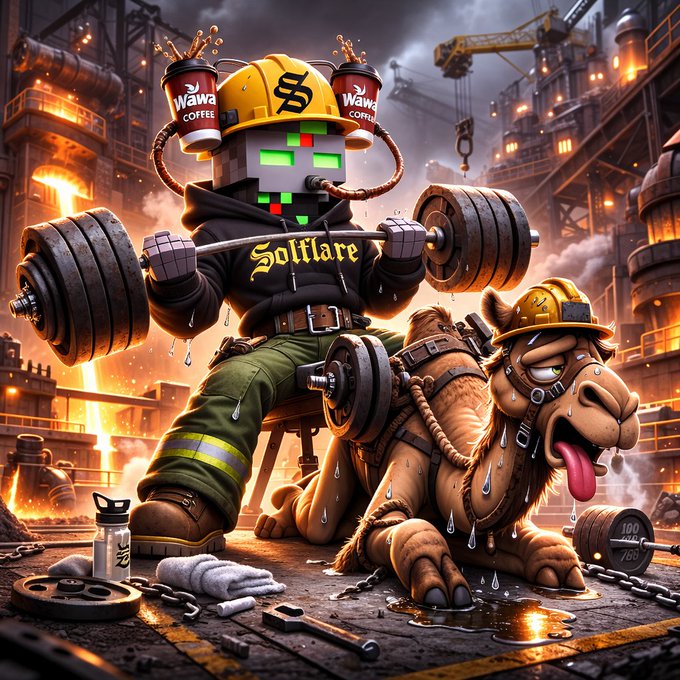A digital illustration depicts a blocky, pixel-headed character wearing a hard hat with coffee cups and a "S" logo, lifting a barbell in an industrial setting alongside a sweating camel wearing a hard hat.