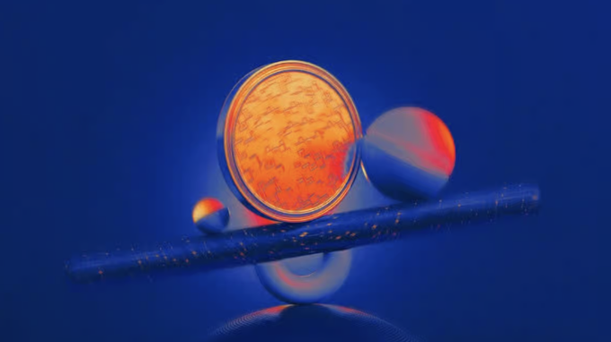 A vibrant abstract 3D render featuring glowing orange spheres, a textured golden disc, and a blue cylindrical bar against a deep blue background, evoking the digital and interconnected nature of blockchain and onchain finance protocols that the CFTC aims to regulate.