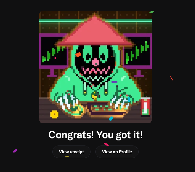 A pixel-art skeleton character wearing a pink conical hat and green hoodie trades cryptocurrency at dual monitors displaying candlestick charts, with a bowl of money and energy drink on the desk. The interface reads "Congrats! You got it!" with "View receipt" and "View on Profile" buttons, indicating a successful NFT purchase. The image aligns with the post's announcement of buying an NFT and setting it as a profile picture, with the character embodying the "rekt" crypto-trader aesthetic referenced in the tagged handles.