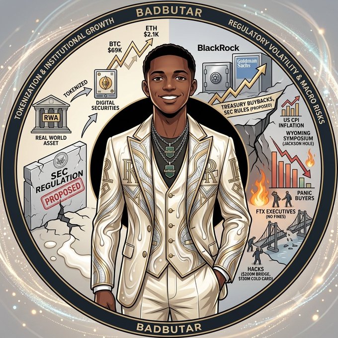 A well-dressed cartoon avatar of "BadButar" is centered within a circular graphic illustrating crypto market themes, including BTC at $69K and ETH at $2.1K, with surrounding text like "Tokenization & Institutional Growth," "Regulatory Volatility & Macro Risks," BlackRock/Goldman Sachs references, "SEC Regulation Proposed," and FTX executives in a burning scene.

The image visually reinforces the post's crypto market update by depicting Bitcoin's push toward $70K and Ethereum reclaiming $2K as part of a broader risk-on bounce, alongside the regulatory and macro risk factors (SEC proposals, CPI inflation, FTX fallout) that frame the market's volatility.