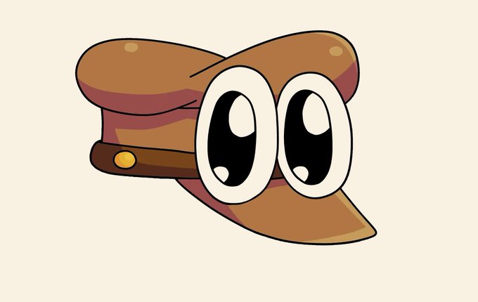A cartoon illustration of a brown cowboy hat with large, expressive anime-style eyes, set against a cream background.