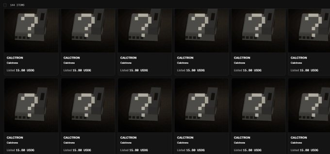 A grid displays 12 identical "CALCTRON" catchrone items, each listed for 15.00 USDC and marked "Listed," with a total of 144 items shown at the top. The repetitive listings visually emphasize the bot's automation capabilities, aligning with the post's claim that a trading bot is operational and ready for action ("West is awake").