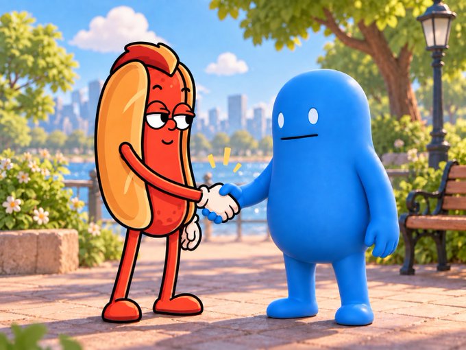 A 3D-style cartoon image of a smiling hot dog character shaking hands with a simple blue blob character in a sunny park.