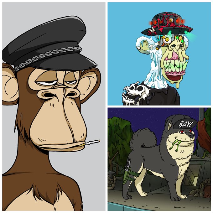 A three-panel collage featuring cartoon Bored Ape-style characters: a brown ape with a military cap smoking a cigarette, a grotesque melting ape with a glowing-eyed cap, and a black ape wearing a 'BAYC' cap.