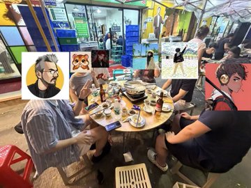 A gathering of friends, including cartoon avatars of LeslieLi92210, fly2web3, and Gabrysia_eth, sharing a meal at a casual eatery, with the post playfully suggesting their virtual counterparts have "finally" joined the dinner table thanks to AI technology.