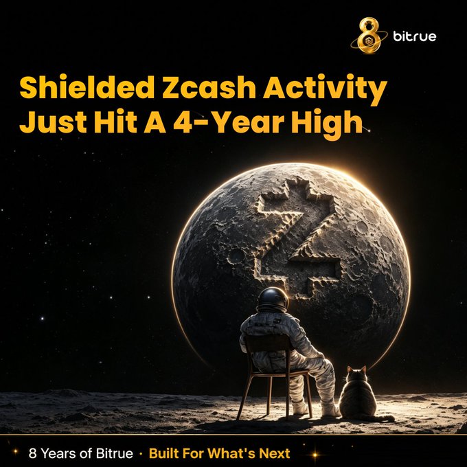 An astronaut sits with a cat on a lunar surface beside a moon etched with the Zcash "Z" logo, while the headline reads "Shielded Zcash Activity Just Hit A 4-Year High," visually reinforcing the post's claim that $ZEC has surged past $1,600 to multi-year highs and is positioned for a potential pump.