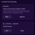 The image shows two purple screens with white text, displaying information about a free golden ticket for an activity called "Activites". The first screen has a claim form asking if the user wants to claim a free golden ticket for an activity. The second screen displays the details of the golden ticket and how it can be used.