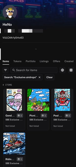 A dark-themed NFT marketplace profile for user 'HeNo' (VULCAN-ly5rhx63) showing 4 SBE Exclusive items including 'Gend...', 'Picni...', 'Pool...', and 'Ridin...' with cartoon-style illustrations.
