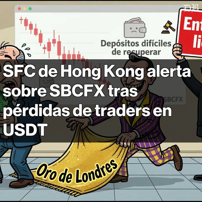 A Spanish-language news graphic reads "SFC de Hong Kong alerta sobre SBCFX tras pérdidas de traders en USDT," featuring cartoon illustrations of distressed investors and a man carrying a bag labeled "Oro de Londres" (Gold of London) near a declining stock chart.