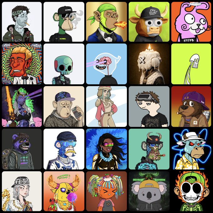 A 5x5 grid collage of various stylized cartoon characters, mostly featuring NFT-style monkeys and bears wearing different outfits like suits, hats, and sunglasses, with various colorful backgrounds.