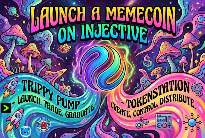 A vibrant psychedelic meme-style graphic advertising 'Launch a Memecoin on Injective' with features 'Trippy Pump' for launching/trading and 'TokenStation' for creating/controlling/distributing tokens.