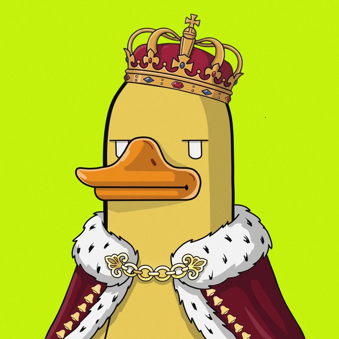 A cartoon illustration of a yellow duck wearing a royal crown and an ermine-trimmed red robe against a bright green background.
