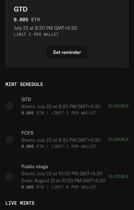 A dark-themed NFT mint schedule for 'GTD' showing phases at 0.005 ETH, with stages including GTD (July 22, 8:30 PM), FCFS (9:30 PM), and Public stage (10:30 PM) all marked as ELIGIBLE.