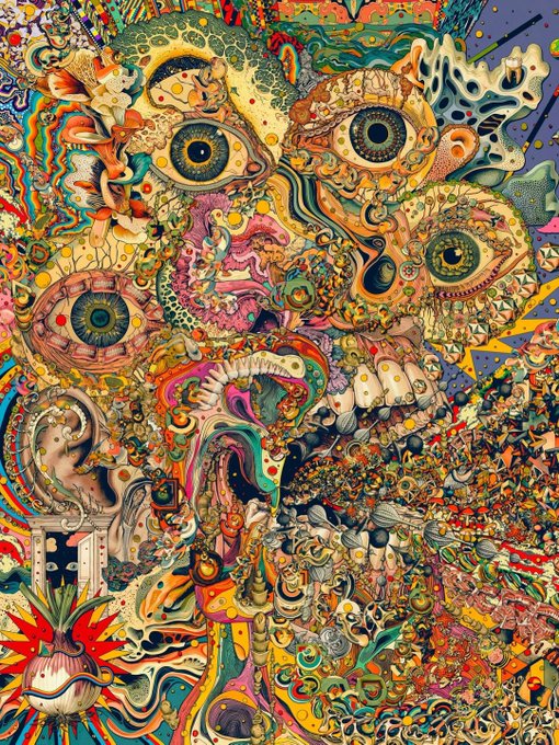 A vibrant, highly detailed psychedelic illustration of a face composed of multiple eyes, teeth, and intricate colorful patterns and textures.