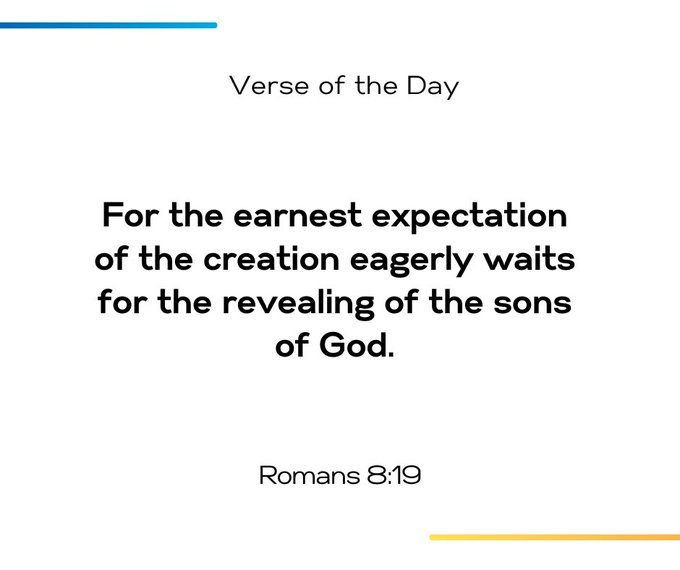 A 'Verse of the Day' graphic displaying Romans 8:19: 'For the earnest expectation of the creation eagerly waits for the revealing of the sons of God.'