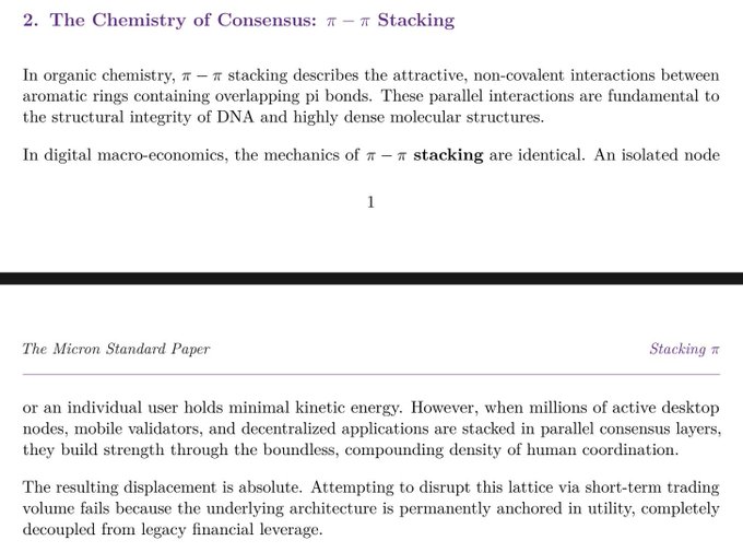 A digital document titled "The Chemistry of Consensus: π – π Stacking" uses an organic chemistry analogy (pi-pi stacking interactions) to explain how an isolated Pi Network node holds minimal energy, but millions of stacked nodes create a lattice "permanently anchored in utility" and decoupled from legacy finance—visually mirroring the post's argument that Pi must not be equated to fiat, but instead understood through its GCV anchor where a $12 burger equals 0.000038198π at a current mining rate of 0.0024179.