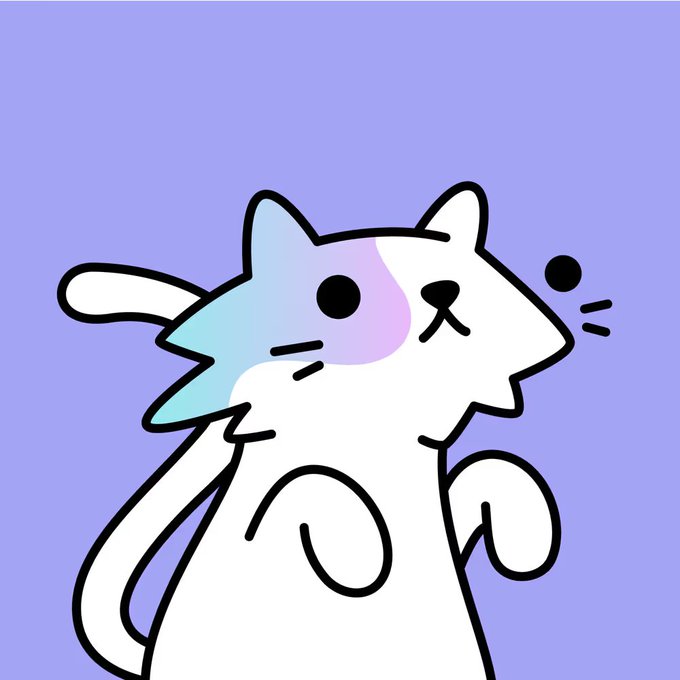A cartoon illustration of a white cat with a playful expression against a purple background, with its paw raised near its face.
