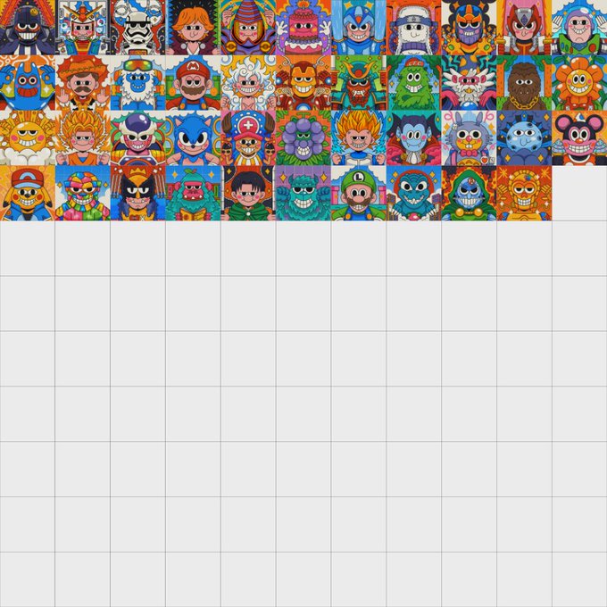 A vibrant grid displays 43 colorful character avatar tiles arranged in the top rows of a 10x10 layout, representing the start of a collection. The accompanying message celebrates "C-EPO" joining this growing assortment of diverse, cartoon-style characters with the remaining 78 grid slots still empty.