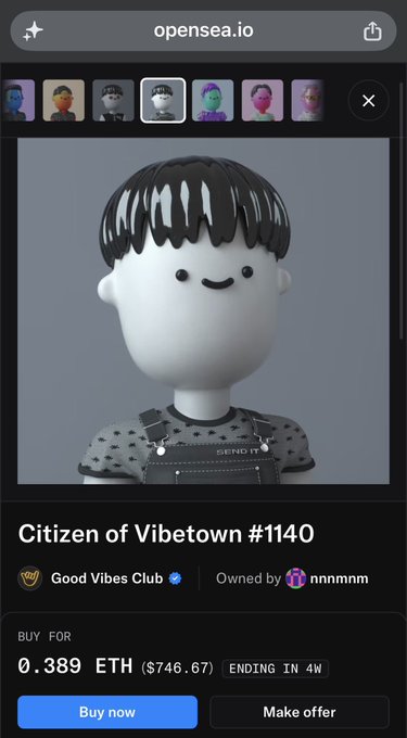An OpenSea listing for 'Citizen of Vibetown #1140' NFT from the Good Vibes Club collection, priced at 0.389 ETH ($746.67).