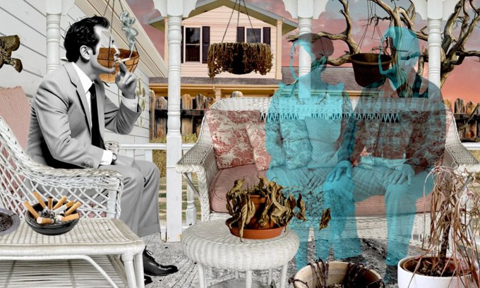 A man in a suit sits on a porch smoking, facing two ghostly blue figures on an adjacent couch in a surreal collage scene featuring a withered plant in the foreground. The haunting, layered composition evokes themes of grief, memory, and the supernatural, visually reflecting Rebecca Rose's exploration of storytelling and emotional afterlife as discussed in the OBJKTOR feature "Behind The Blue Light."