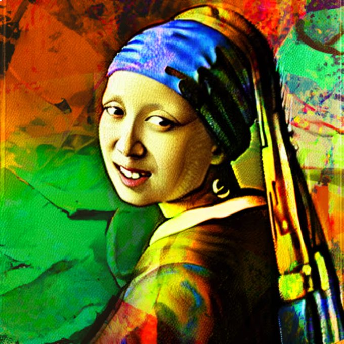 A colorful, psychedelic pop-art style digital edit of the classic Girl with a Pearl Earring painting, featuring vibrant neon splashes of green, red, and blue.