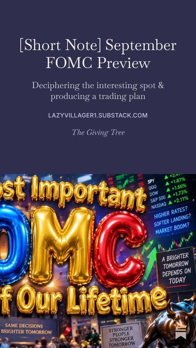The image is a Substack cover featuring bold gold balloon letters spelling "FOMC" against a stock market backdrop showing green tickers for SPY (+2.58%), QQQ (+1.87%), DOW (+1.56%), S&P 500 (+1.73%), and NASDAQ (+2.11%), with overlaid text teasing "Higher Rates? Softer Landing? Market Boom?" and "A Brighter Tomorrow Depends on Today."

This visual ties directly to the post by dramatizing the September FOMC meeting as a pivotal moment, with the bullish ticker action reinforcing the poster's consensus view that markets expect higher rates and a tighter cycle—setting the stage for their contrarian bullish stance on BTC/ZEC.