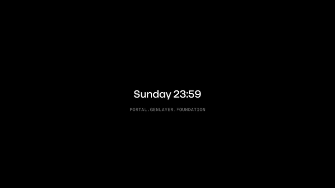 The image features a black screen displaying the text "Sunday 23:59" prominently, with "PORTAL.GENLAYER.FOUNDATION" written below it in smaller text. It serves as a teaser graphic for the upcoming GenLayer Points Update, hinting that the previously separate Builder Points and Community Points systems will merge at 23:59 on Sunday.