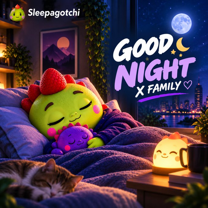 A 'Good Night x Family' illustration from Sleepagotchi featuring a sleeping green character with a strawberry hat and a small purple creature in a cozy bedroom with a cat and a nightlight.