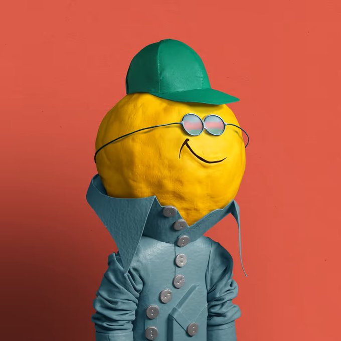 A 3D rendering shows a yellow smiley face character wearing a green cap, round sunglasses, and a blue button-up jacket against a red background.