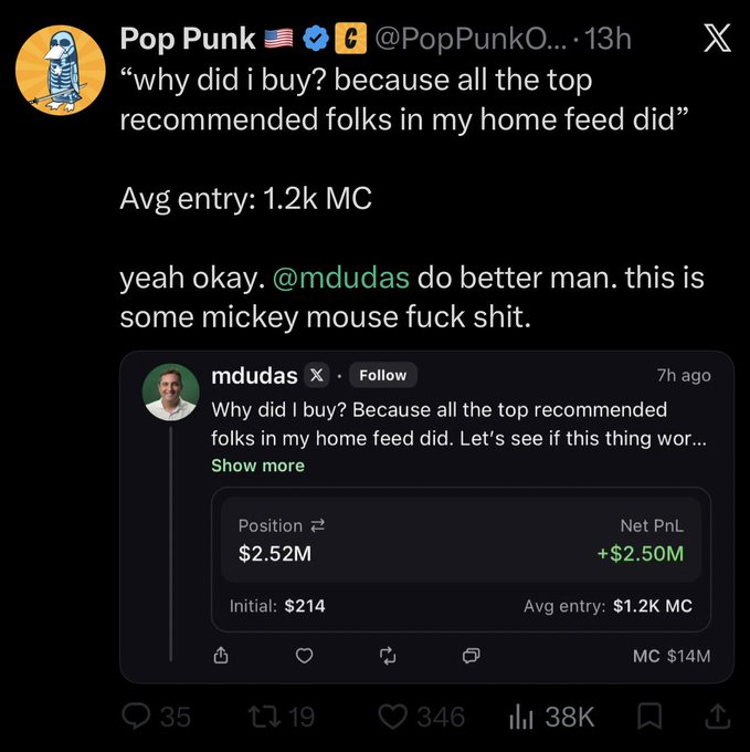 A social media post by Pop Punk (@PopPunkO...) critiquing mdudas's trading post, with a screenshot showing a position of $2.52M, a net PnL of +$2.50M, an initial investment of $214, and an average entry of 1.2K MC.