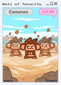 A pixel art game window titled "Wall of Tenacity" shows three angry monkeys labeled "Common" at "Lvl 48" in a desert landscape with rocks being thrown.
