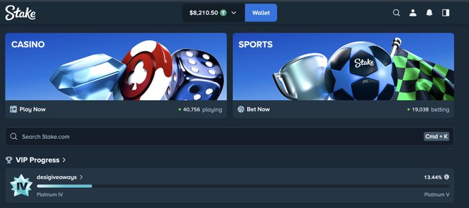 A screenshot of the Stake.com website homepage showing a wallet balance of $8,210.50, with Casino and Sports betting options, and a VIP Progress bar for user 'designiveways' at Platinum IV with 13.44% progress.