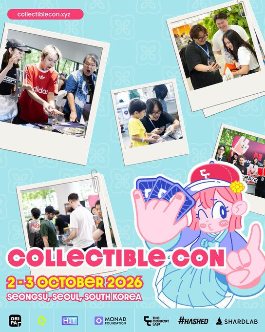 A promotional poster for Collectible Con 2026, featuring polaroid-style photos of attendees at past events alongside a pink-haired cartoon mascot holding trading cards, advertising the event happening 2-3 October 2026 in Seongsu, Seoul, South Korea, with sponsors including Ori G.A.P., H.I.T., Monad Foundation, The Concept Lab, #Hashed, and ShardLab.
