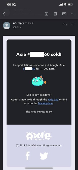A mobile phone screenshot of an email from no-reply notifying that an Axie # [redacted] 60 sold for 1.1000 ETH, from The Axie Infinity Team.
