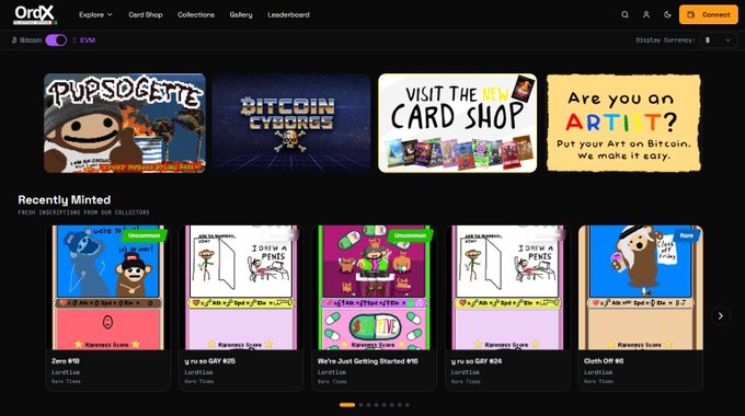 A screenshot of the OrdX Bitcoin Card Shop website displays featured banners including 'PUPSOGENE', 'BITCOIN CYBORG', 'VISIT THE NEW CARD SHOP', and 'Are you on ART1T?', along with a 'Recently Minted' section showing various NFT cards.