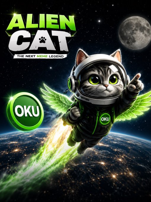 A promotional graphic for 'ALIEN CAT - THE NEXT MEME LEGEND' showing a gray tabby cat in a green astronaut suit flying through space above Earth, with green 'OKU' buttons.