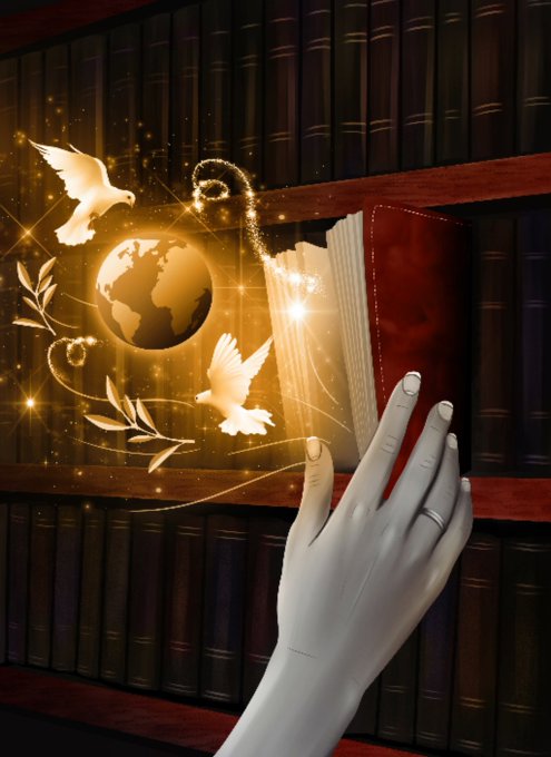 A pale hand reaches from the shelf to pull out a glowing red book, releasing a magical burst of light with doves, an Earth globe, and olive branches—symbolizing peace and unity tied to the NFT artwork "Elsewhere: The Unfolding Peace" being submitted to the NFT_NYC 2026 Community Artist Showcase.