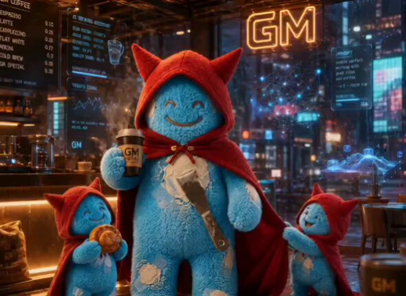 The image features a group of three blue teddy bears, each wearing a red cape with "Gm" written on them. One of the teddy bears has a coffee cup in its hand, while another teddy bear holds a knife. The background shows a cityscape at night, including neon signs and buildings illuminated by bright lights. The image also includes text that reads "Gm to all the web3 parents out here smashing the Space!".