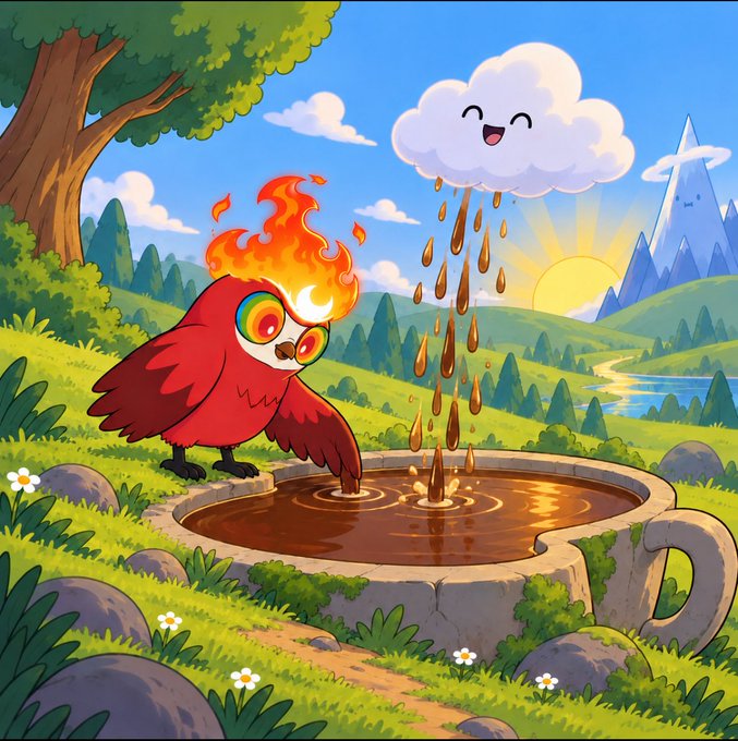 A cartoon illustration of a red bird with a flaming head drinking from a coffee cup-shaped pond, while a smiling cloud rains brown droplets above it in a colorful landscape.
