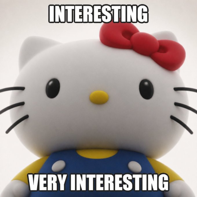 A close-up of a Hello Kitty figurine with the meme text 'INTERESTING' at the top and 'VERY INTERESTING' at the bottom.
