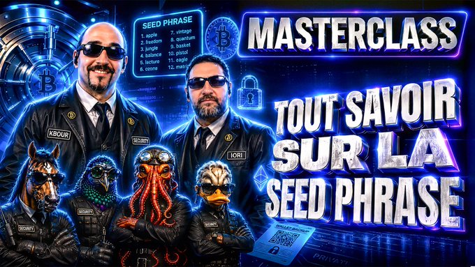 A vibrant, neon-blue promotional graphic for a "MASTERCLASS" titled "TOUT SAVOIR SUR LA SEED PHRASE," featuring two suited men and four animal-headed characters (a Doberman, a parrot, an octopus, and a duck) in detective-style attire alongside a numbered list of 12 seed phrase words (apple, vintage, freedom, decision, jump, basket, science, pistol, lecture, eagle, ozone, march). The image directly supports the post's warning about crypto security and the critical importance of protecting seed phrases against the growing threats of AI-driven hacks.
